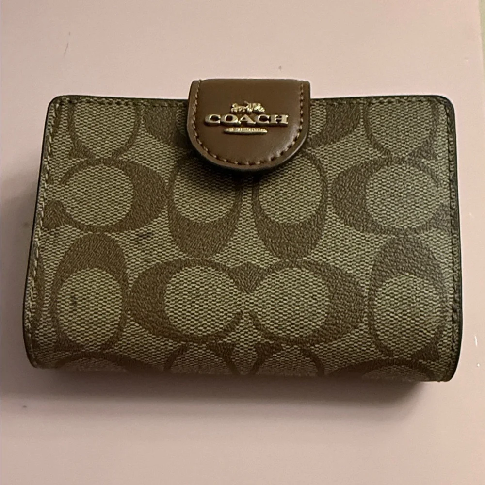 Coach Small Snap Card Holder in Brown Signature Canvas